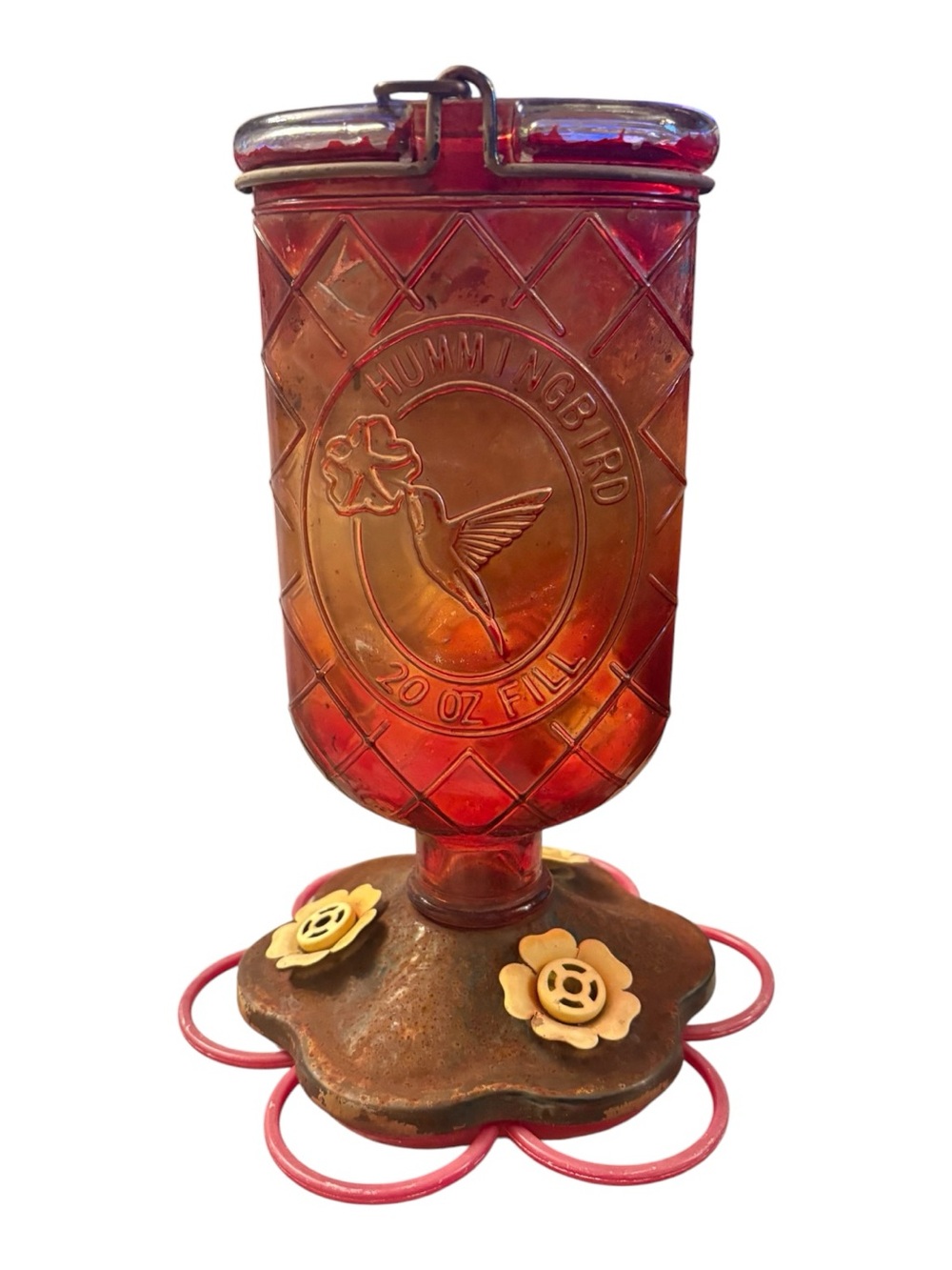 Vintage Embossed Hummingbird 20 oz Red Glass Feeder